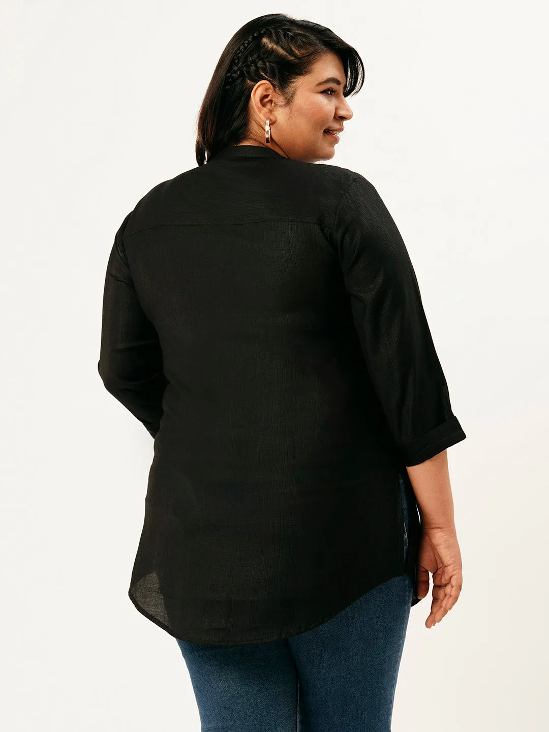 Exclusive Mandarin Collar Rayon Solid Black Straight Tunic For Women ZOLA
