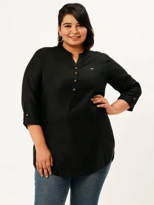 Exclusive Mandarin Collar Rayon Solid Black Straight Tunic For Women ZOLA