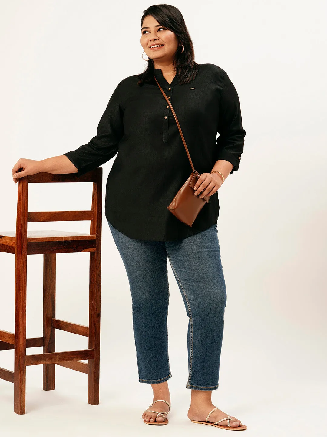 Exclusive Mandarin Collar Rayon Solid Black Straight Tunic For Women ZOLA