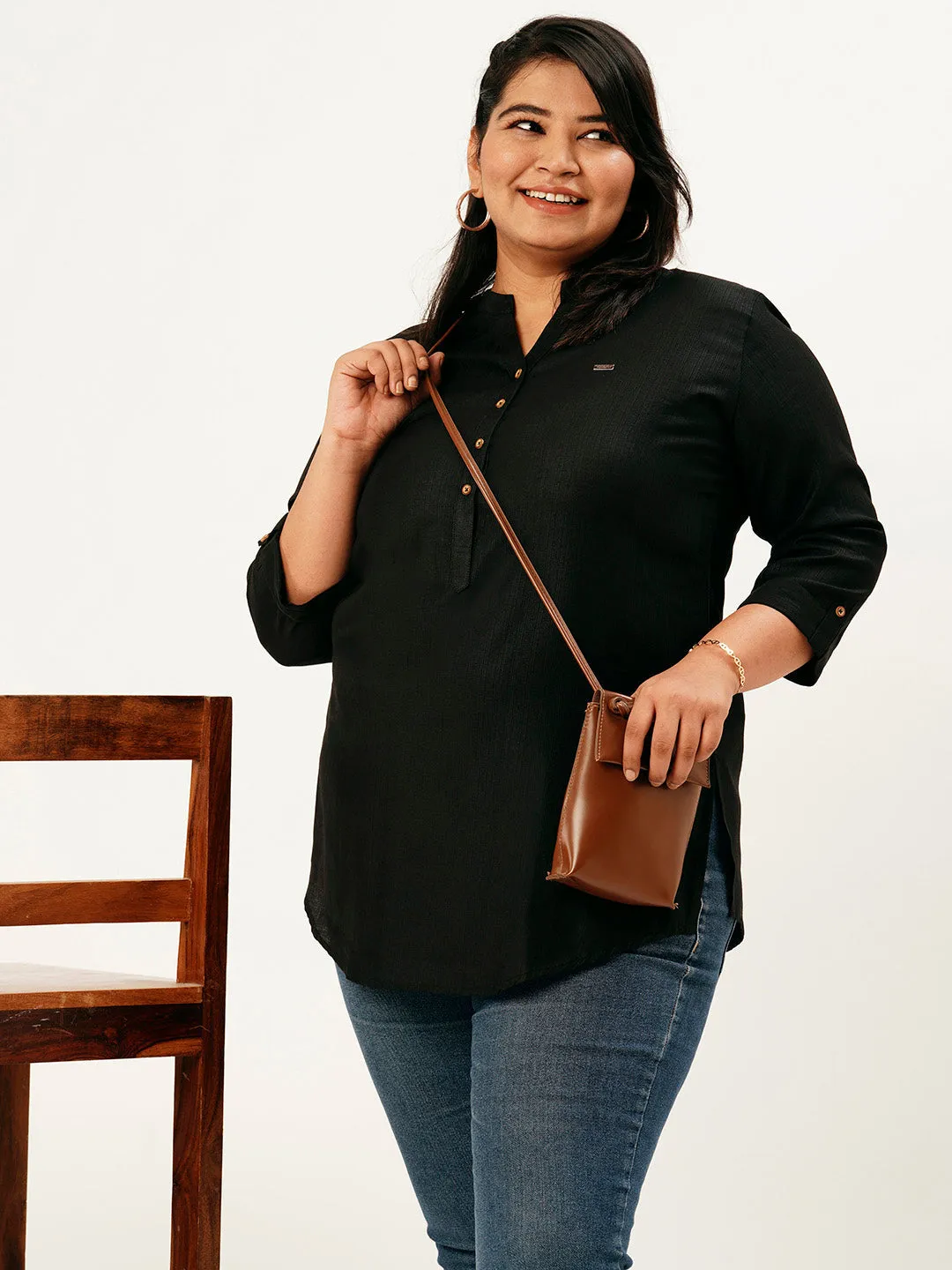 Exclusive Mandarin Collar Rayon Solid Black Straight Tunic For Women ZOLA