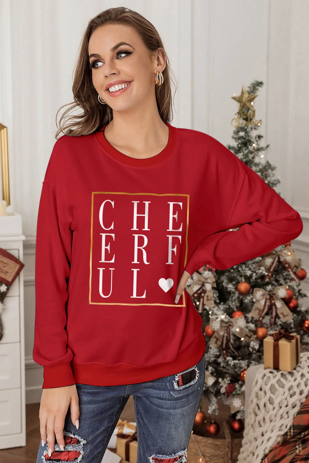 Fiery Red CHEERFUL Glitter Graphic Print Pullover Sweatshirt