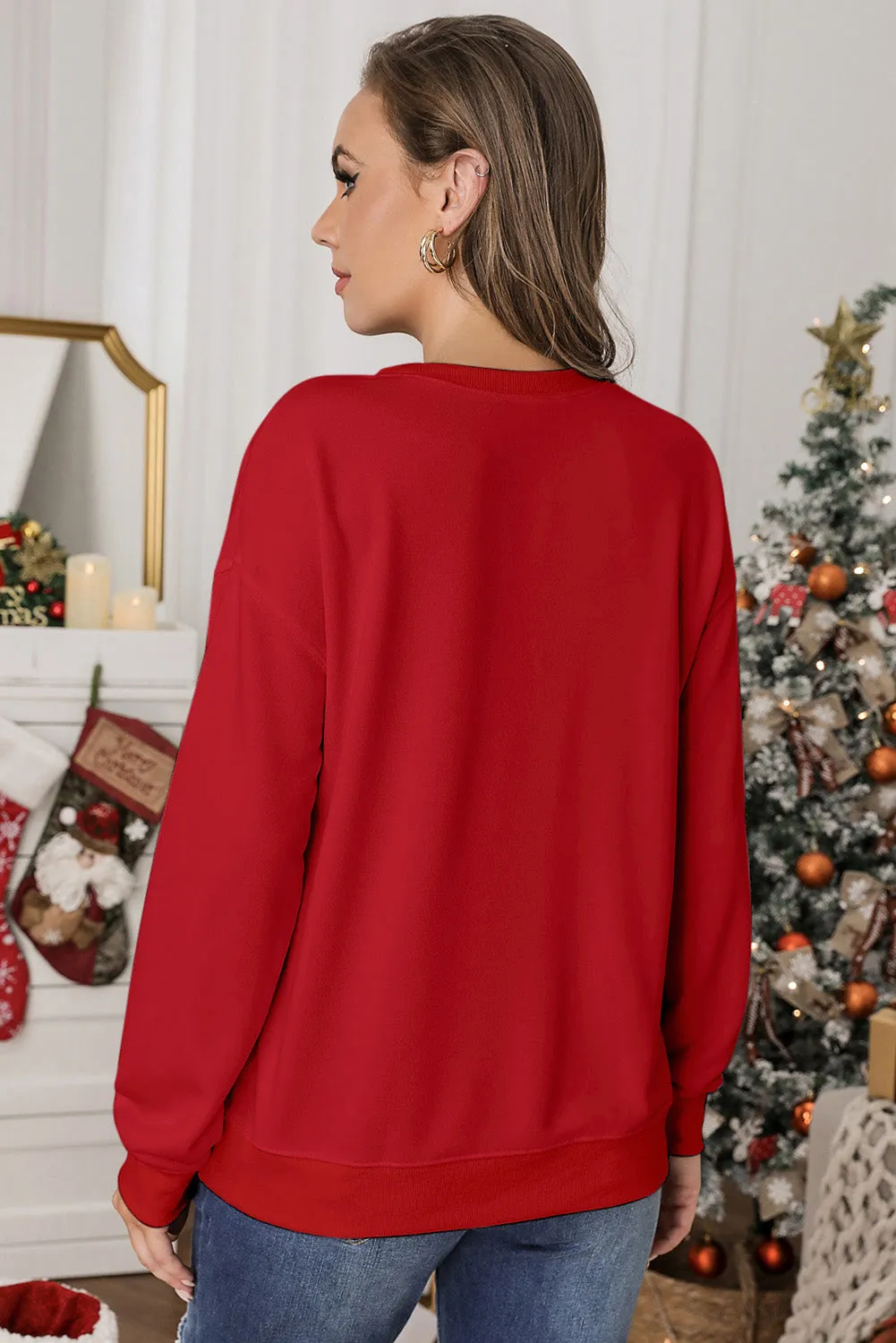 Fiery Red CHEERFUL Glitter Graphic Print Pullover Sweatshirt