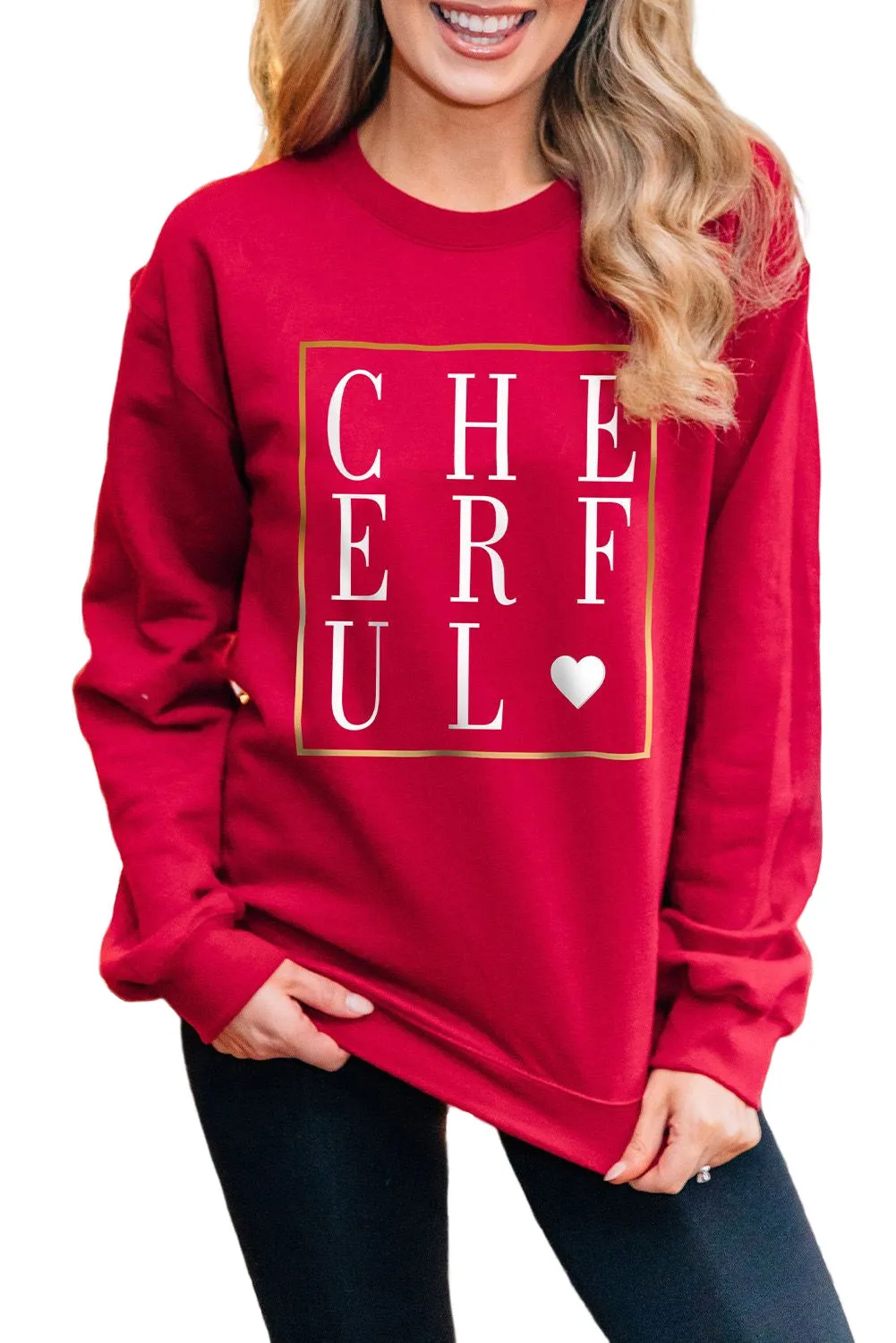 Fiery Red CHEERFUL Glitter Graphic Print Pullover Sweatshirt