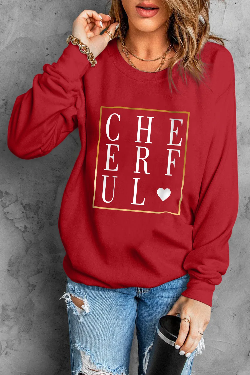 Fiery Red CHEERFUL Glitter Graphic Print Pullover Sweatshirt