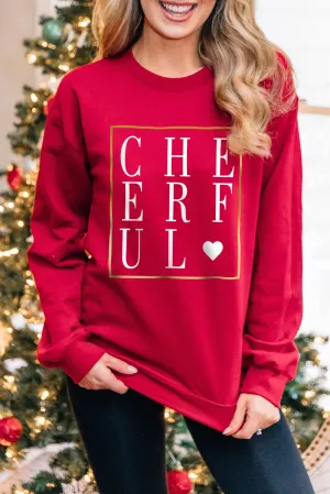 Fiery Red CHEERFUL Glitter Graphic Print Pullover Sweatshirt