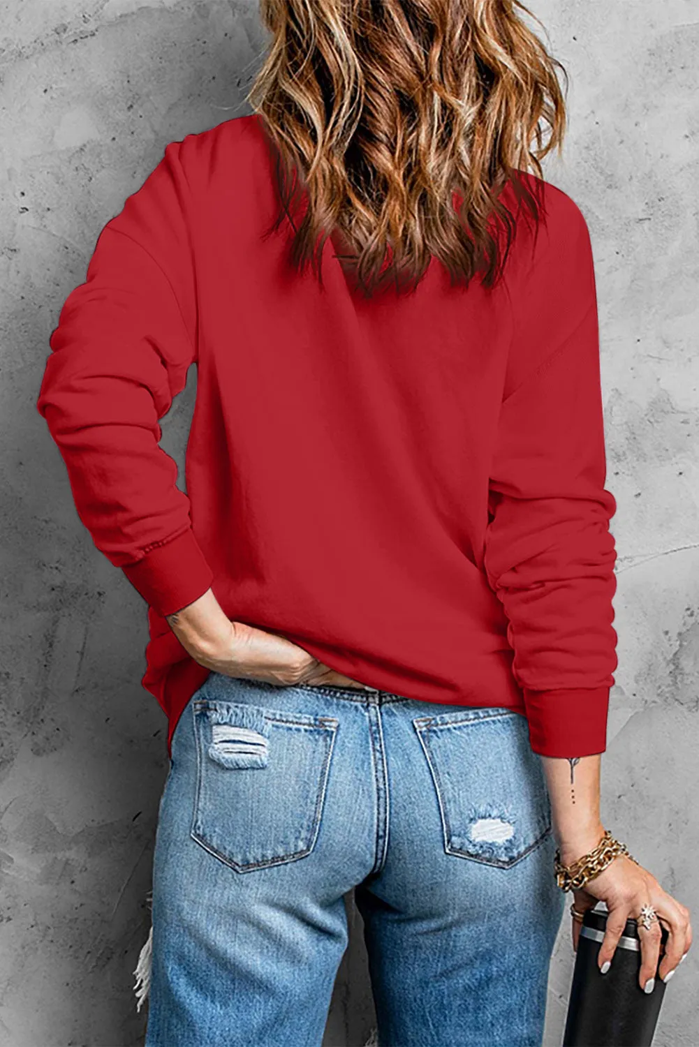 Fiery Red CHEERFUL Glitter Graphic Print Pullover Sweatshirt