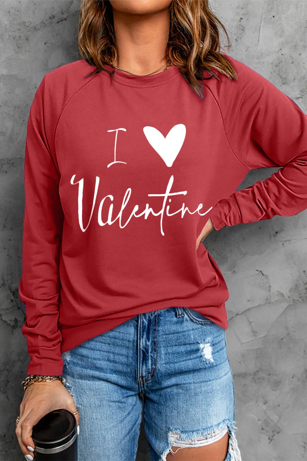 Fiery Red I Love Valentine Heart Flocking Pullover Sweatshirt