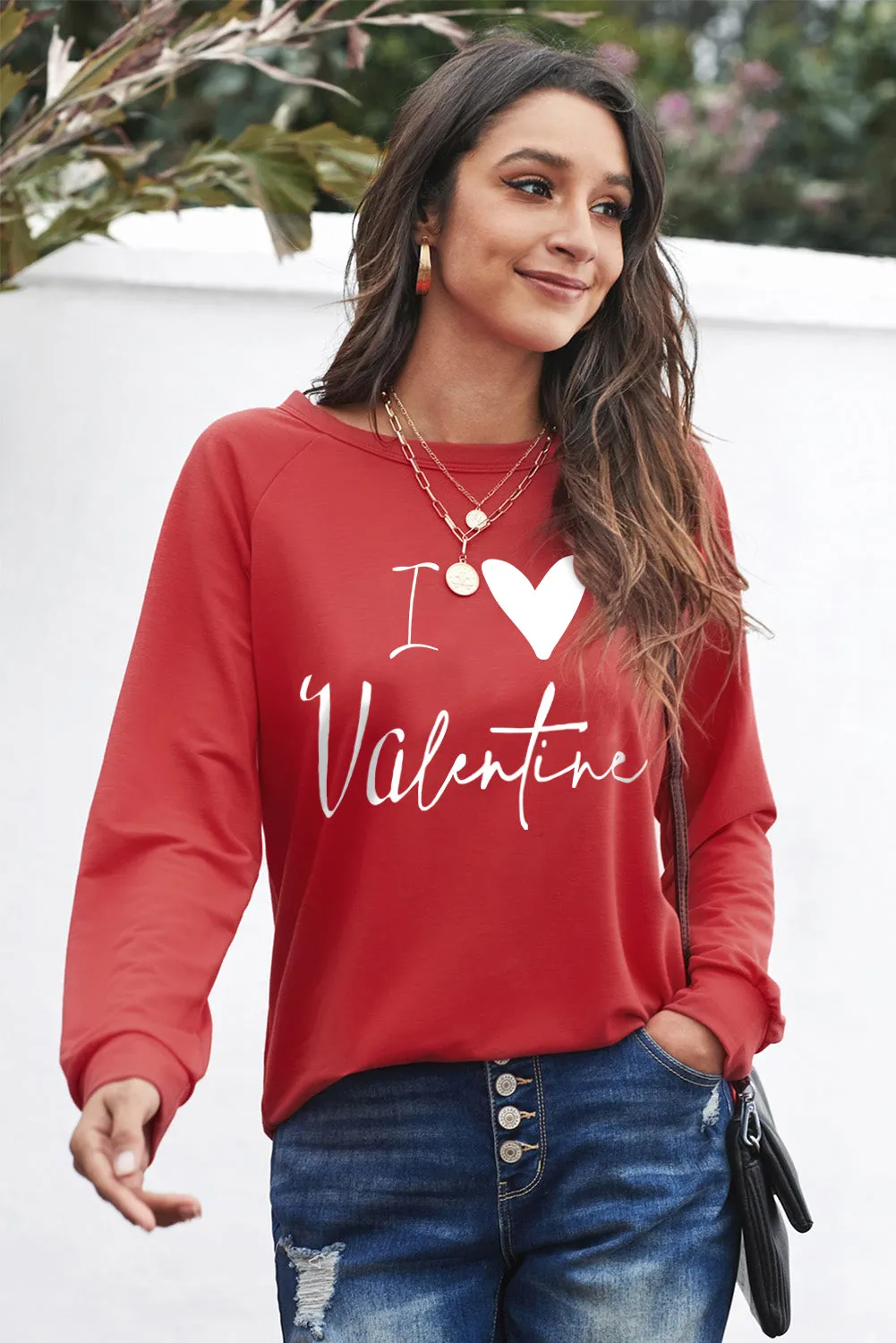 Fiery Red I Love Valentine Heart Flocking Pullover Sweatshirt