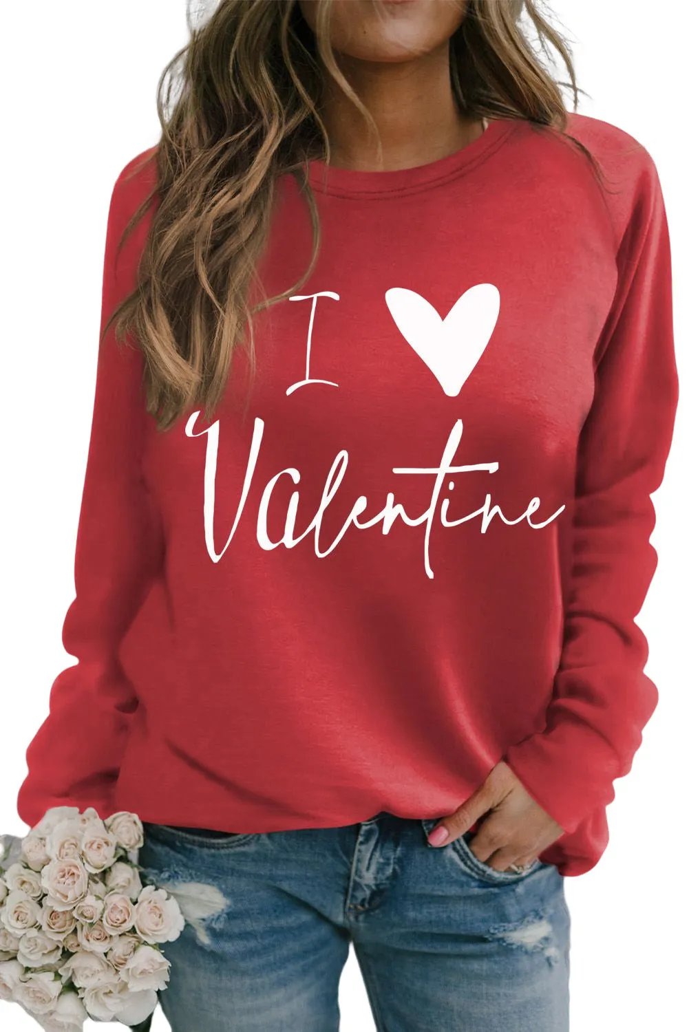 Fiery Red I Love Valentine Heart Flocking Pullover Sweatshirt