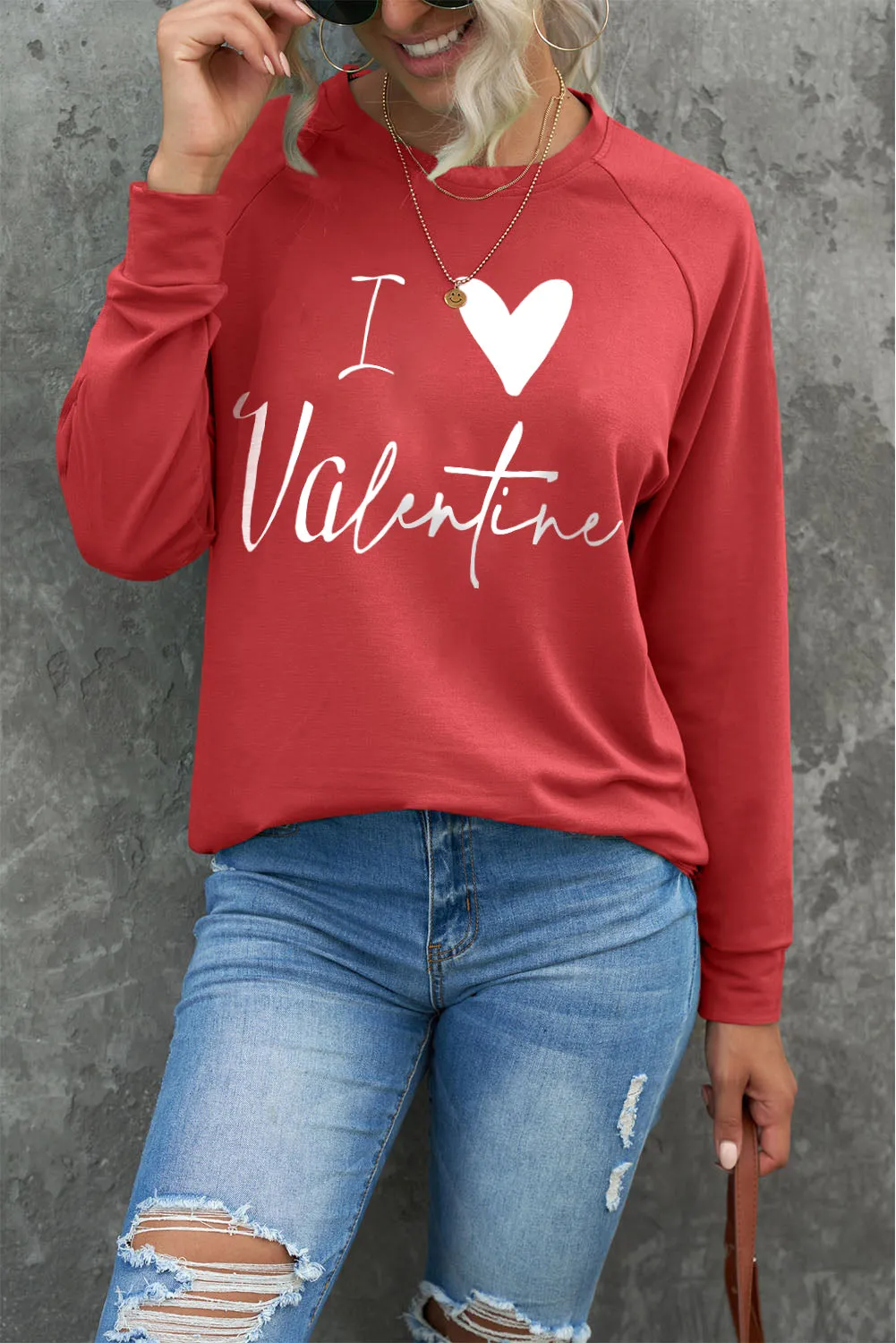 Fiery Red I Love Valentine Heart Flocking Pullover Sweatshirt