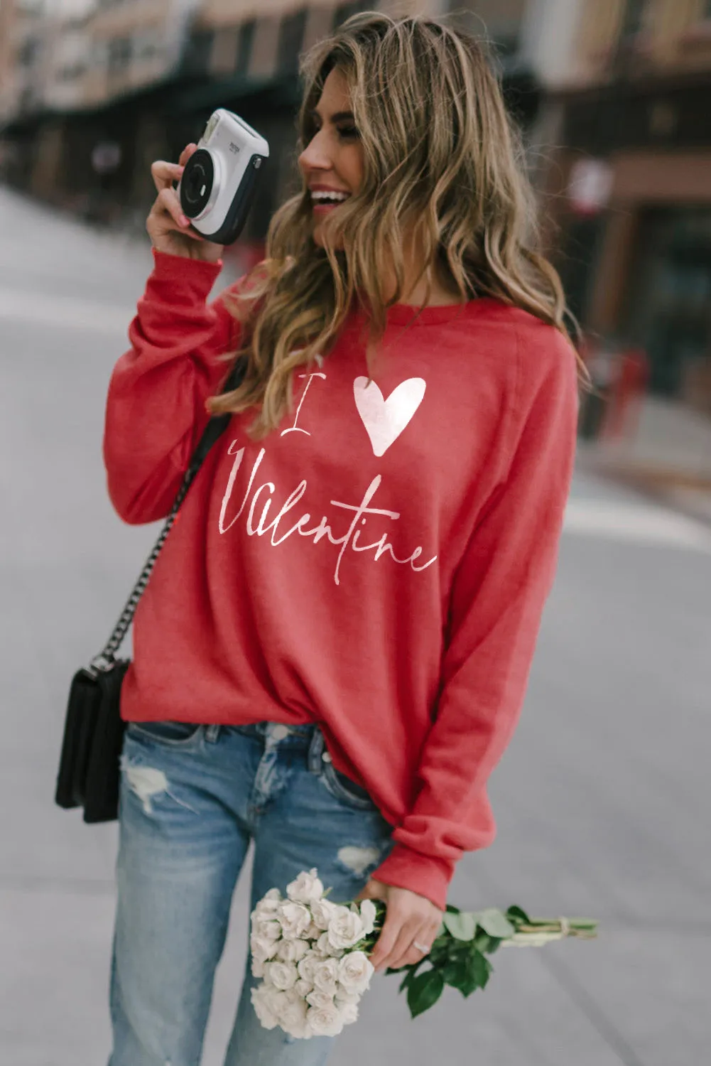 Fiery Red I Love Valentine Heart Flocking Pullover Sweatshirt