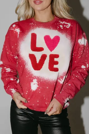 Fiery Red LOVE Chenille Embroidered Tie Dye Print Pullover Sweatshirt