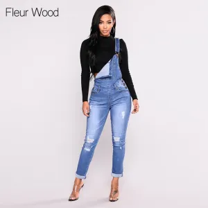FLEUR WOOD Jeans Bib Female Hole Slimming Feet Jeans Women High Elastic Plus Size Stretch Jeans Female Washed Denim skinny Jeans