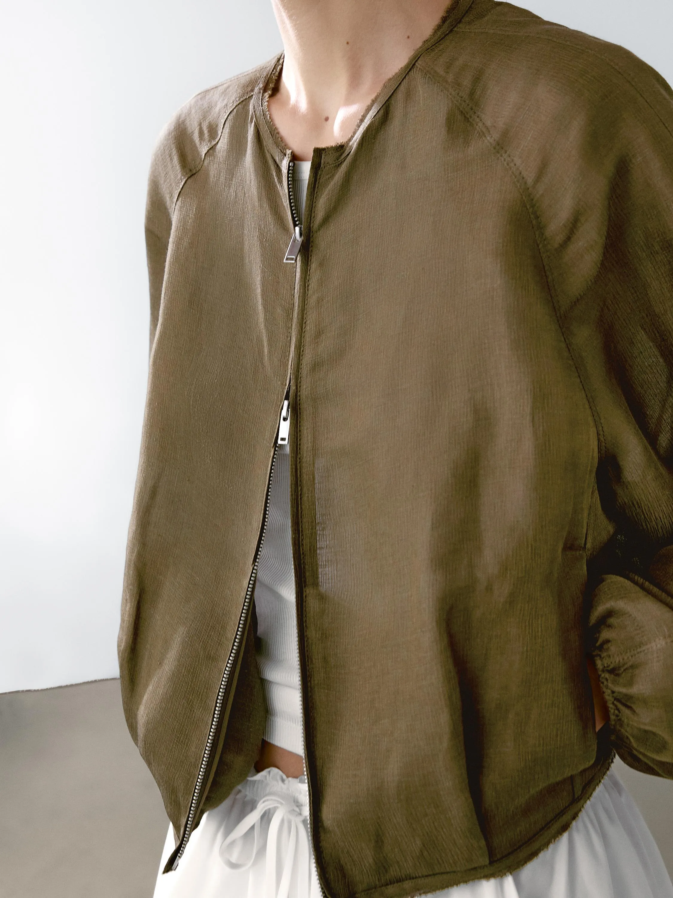 Frayed linen silk bomber jacket