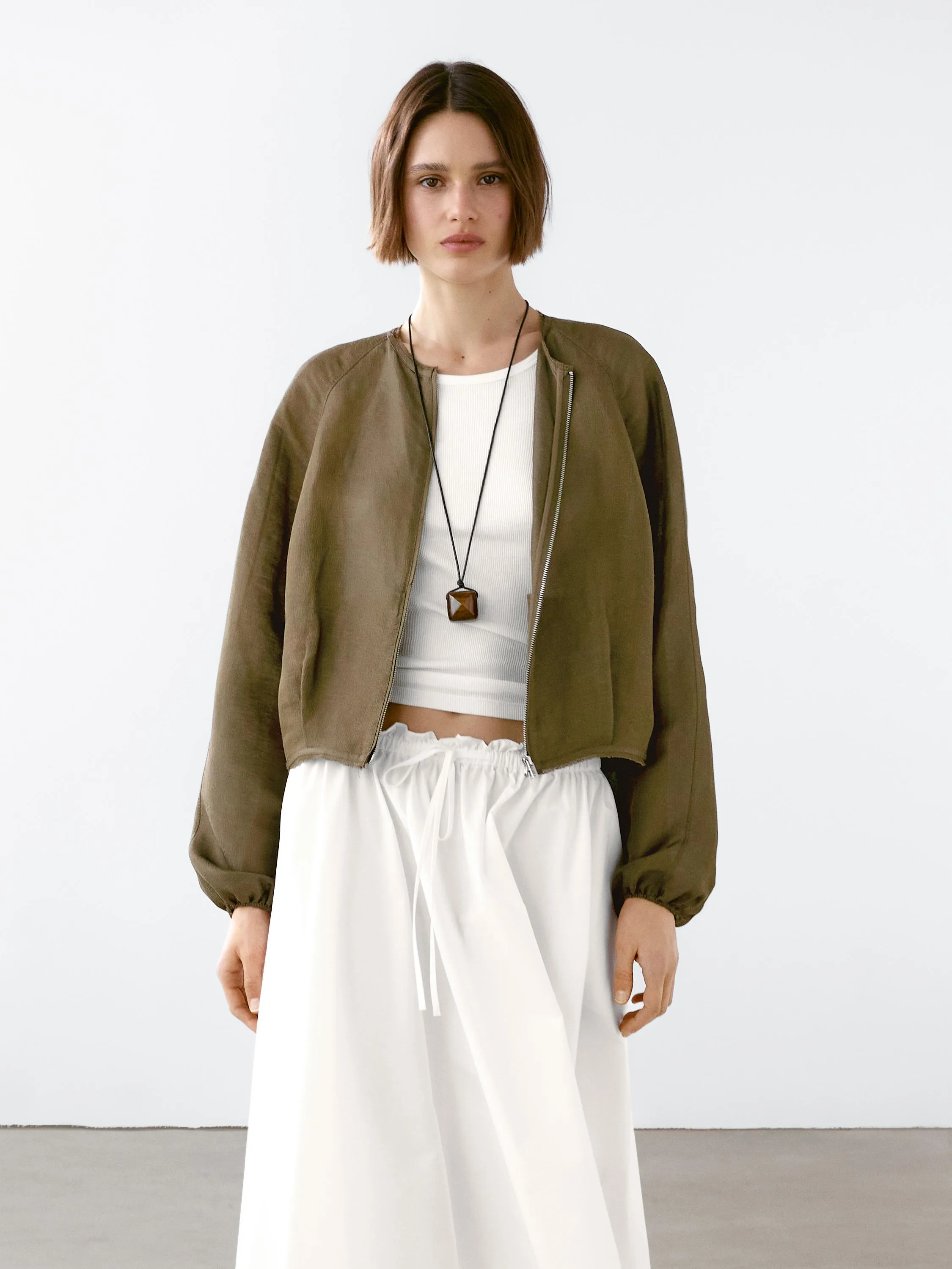 Frayed linen silk bomber jacket