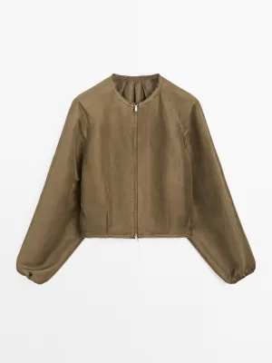 Frayed linen silk bomber jacket