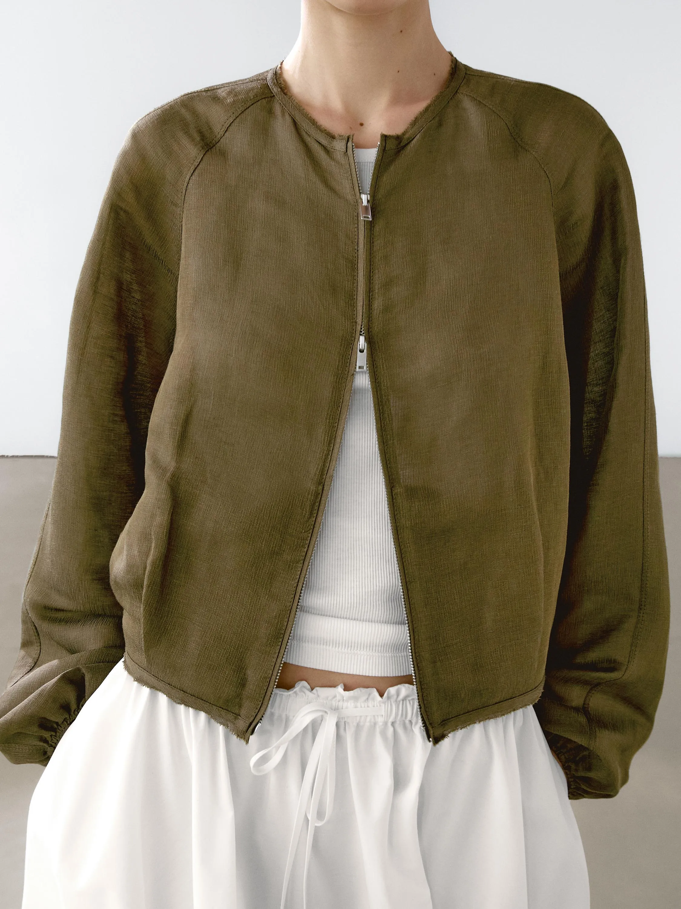 Frayed linen silk bomber jacket