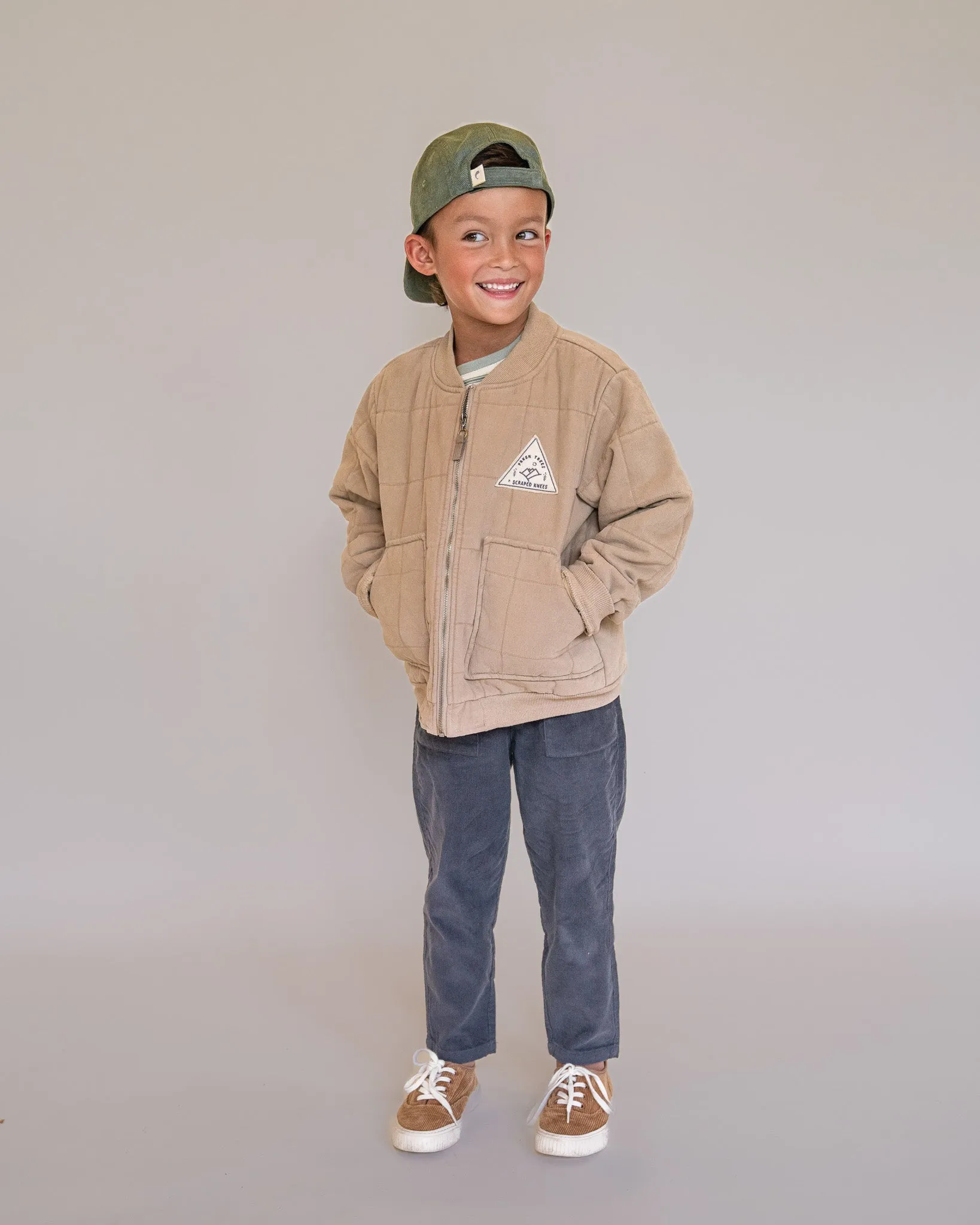 Fresh Trees & Scraped Knees Quilted Bomber Jacket (tan)