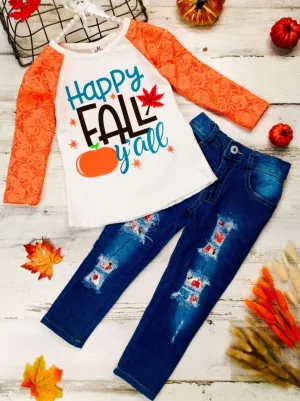 Girls Long Raglan Lace Sleeve "Happy Fall Y'all" Top & Ripped Jeans Set