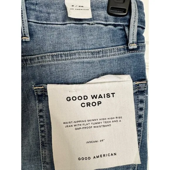 Good American Good Waist Crop Size 2/26 Medium Wash Distressed Legs NWT