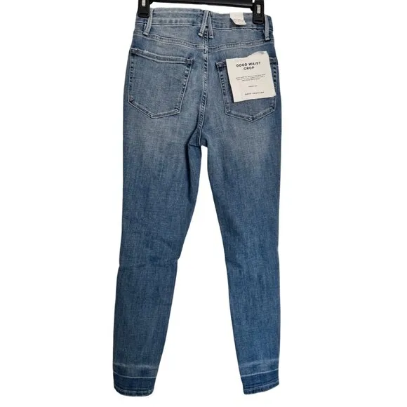 Good American Good Waist Crop Size 2/26 Medium Wash Distressed Legs NWT