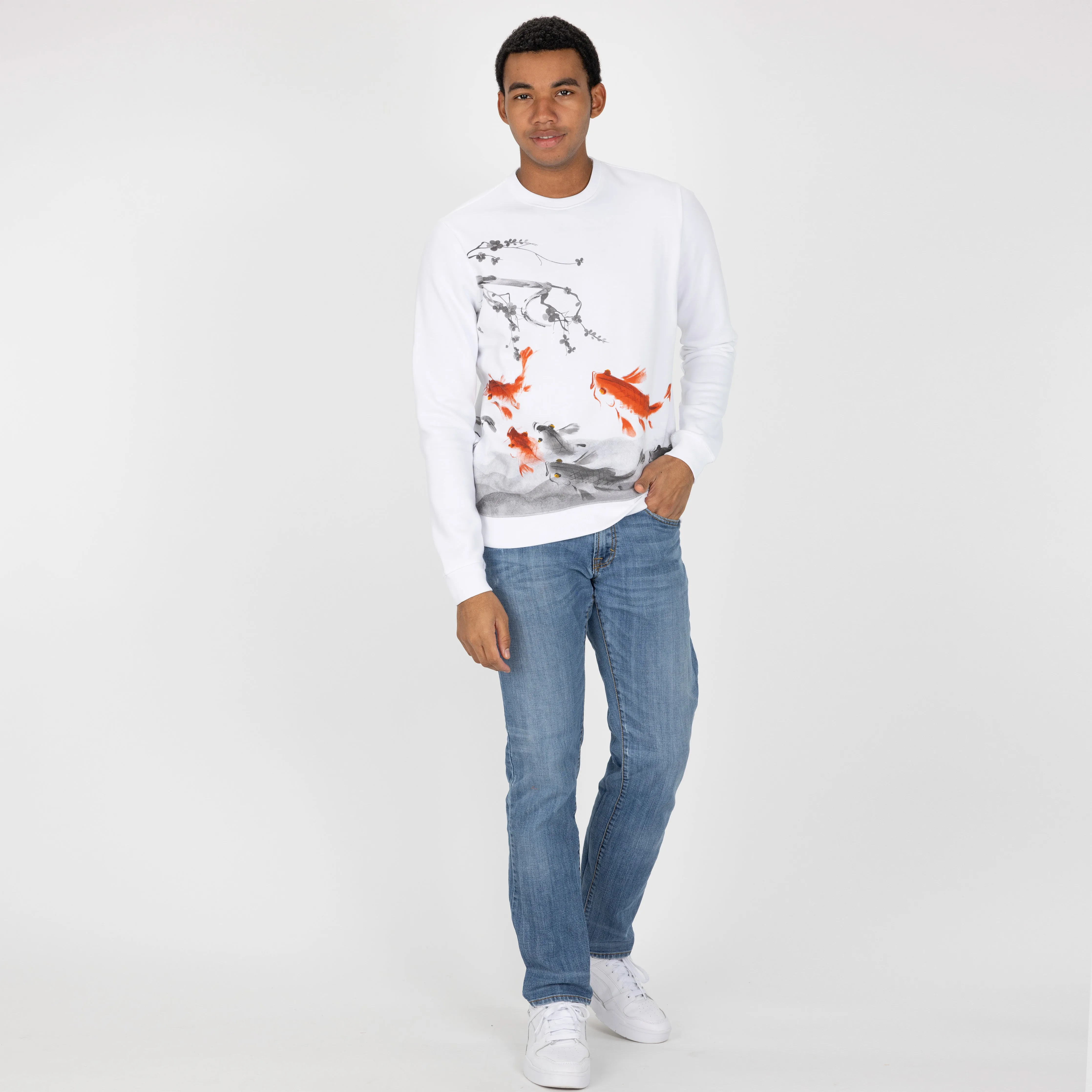 Graphic Wraparound Crewneck Pullover Sweatshirt - White / Koi