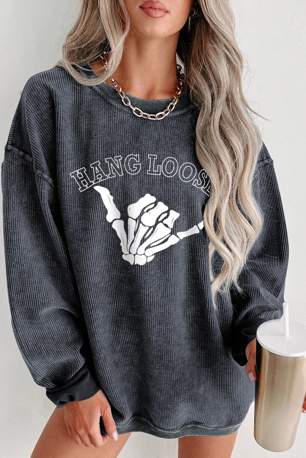 Gray HANG LOOSE Skeleton Ribbed Pullover Sweatshirt