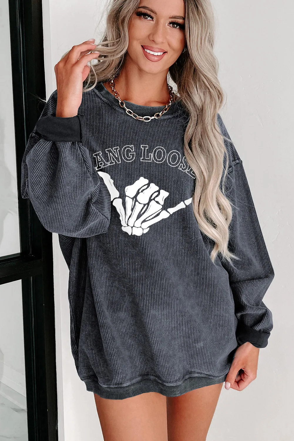 Gray HANG LOOSE Skeleton Ribbed Pullover Sweatshirt