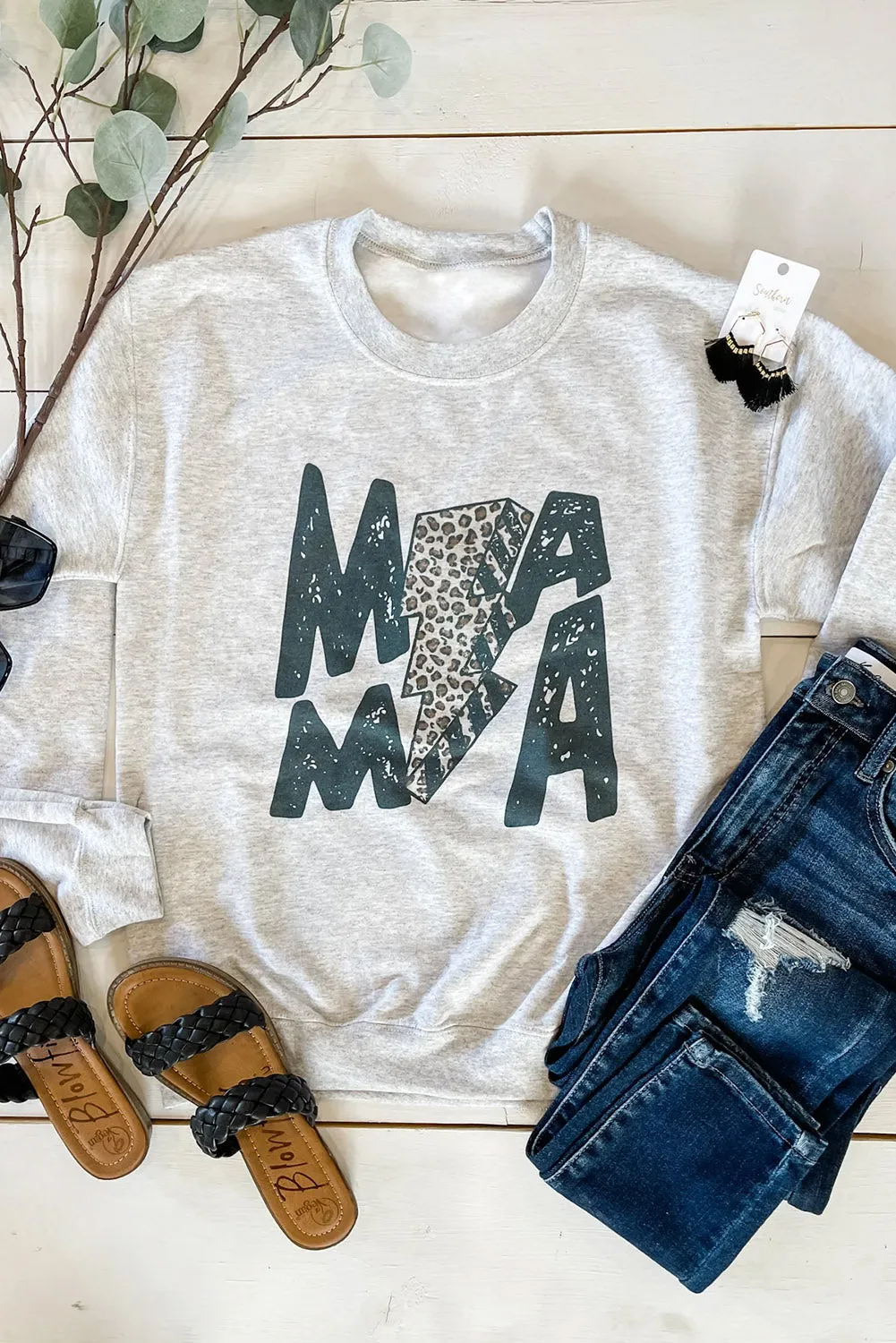 Gray MAMA Lightning Leopard Print Long Sleeve Sweatshirt
