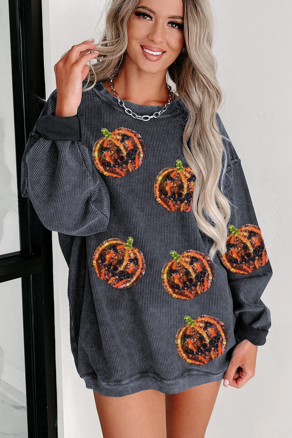Gray Sequined Jack O Lantern Corded Baggy Sweatshirt