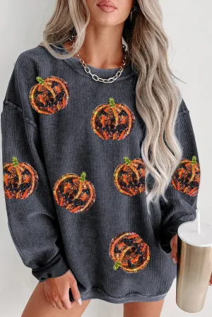 Gray Sequined Jack O Lantern Corded Baggy Sweatshirt