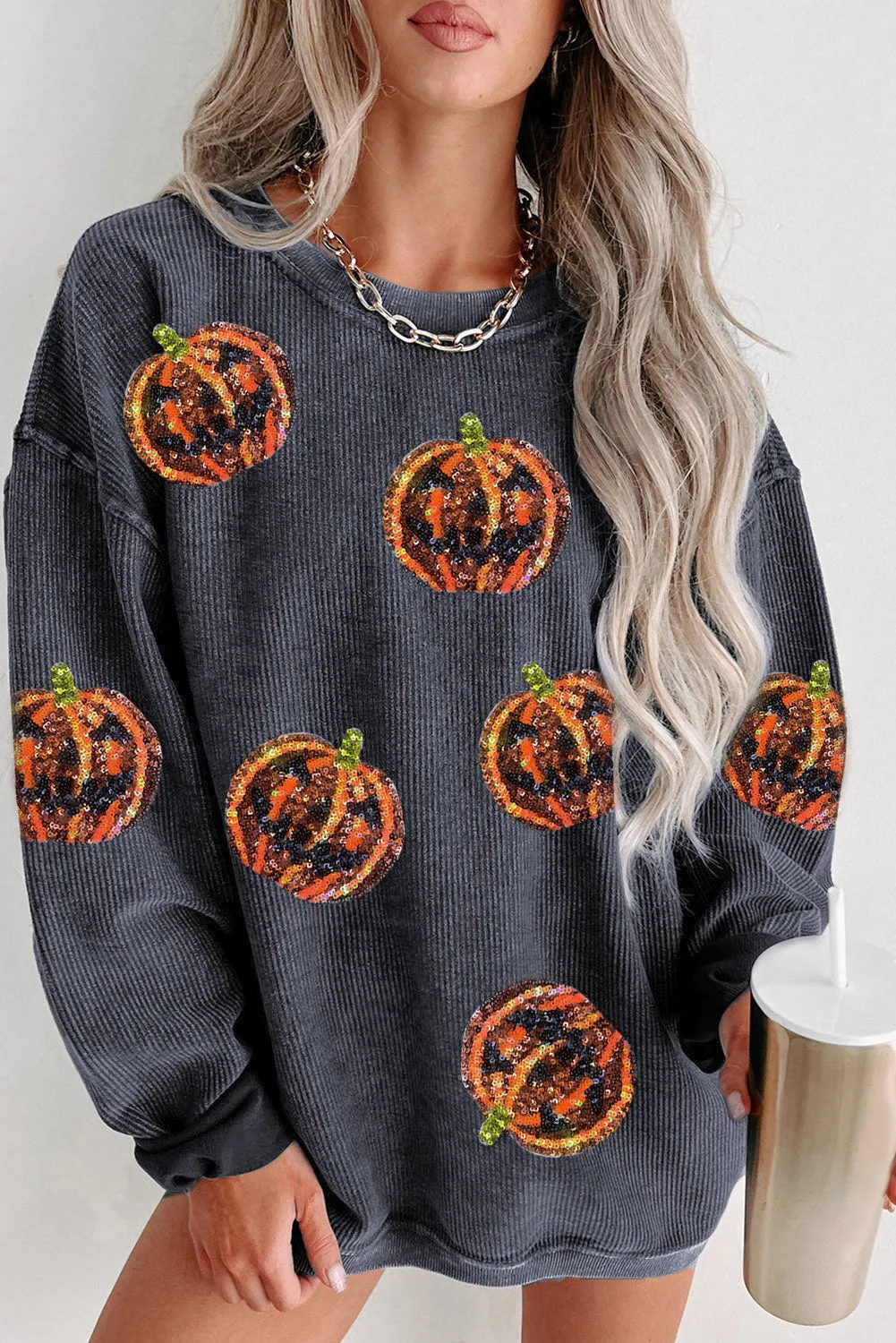 Gray Sequined Jack O Lantern Corded Baggy Sweatshirt