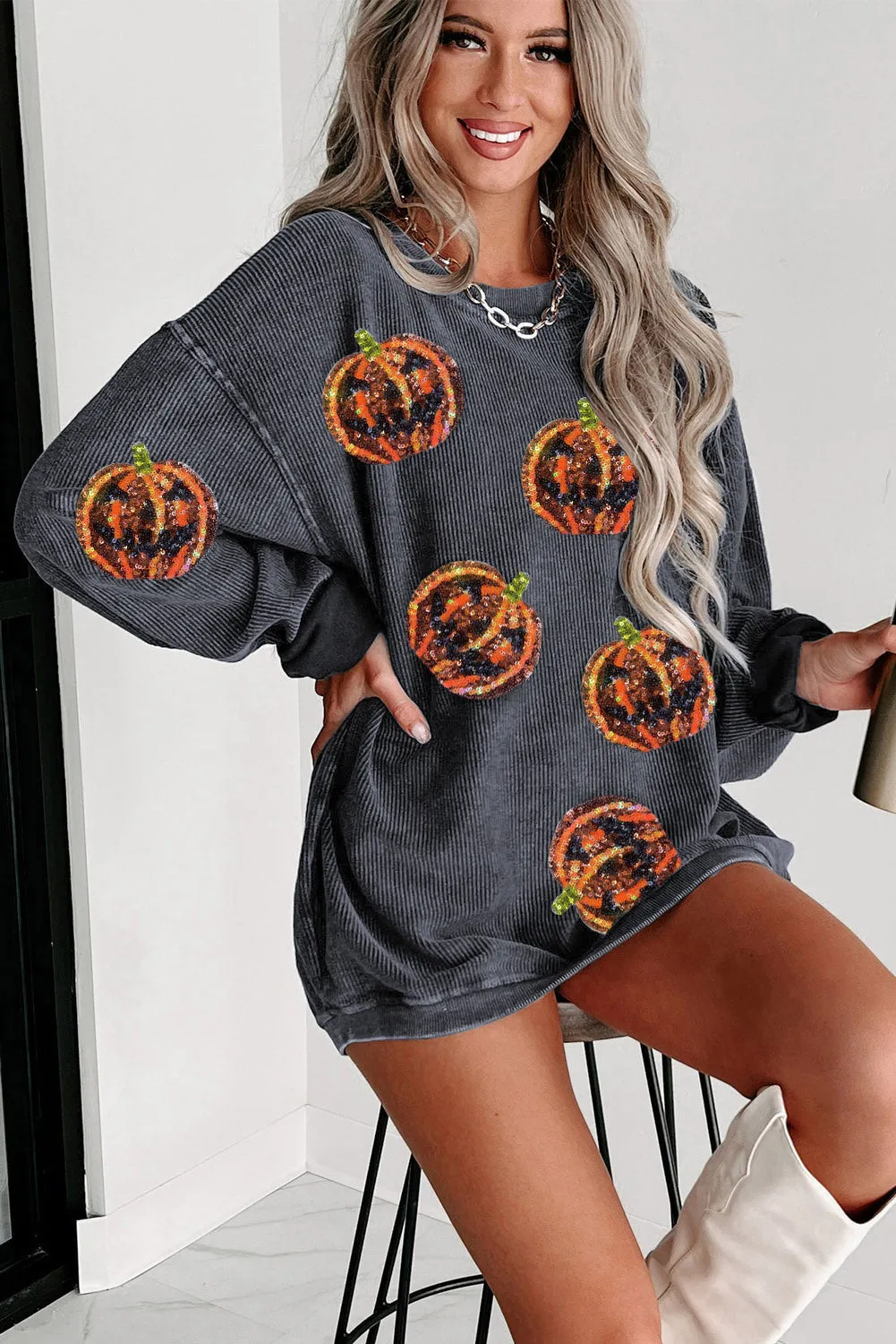 Gray Sequined Jack O Lantern Corded Baggy Sweatshirt