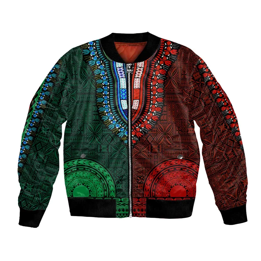 Green-red Dashiki and Tapa Pattern Bomber Jacket Africa-Polynesia Together Culture LT9