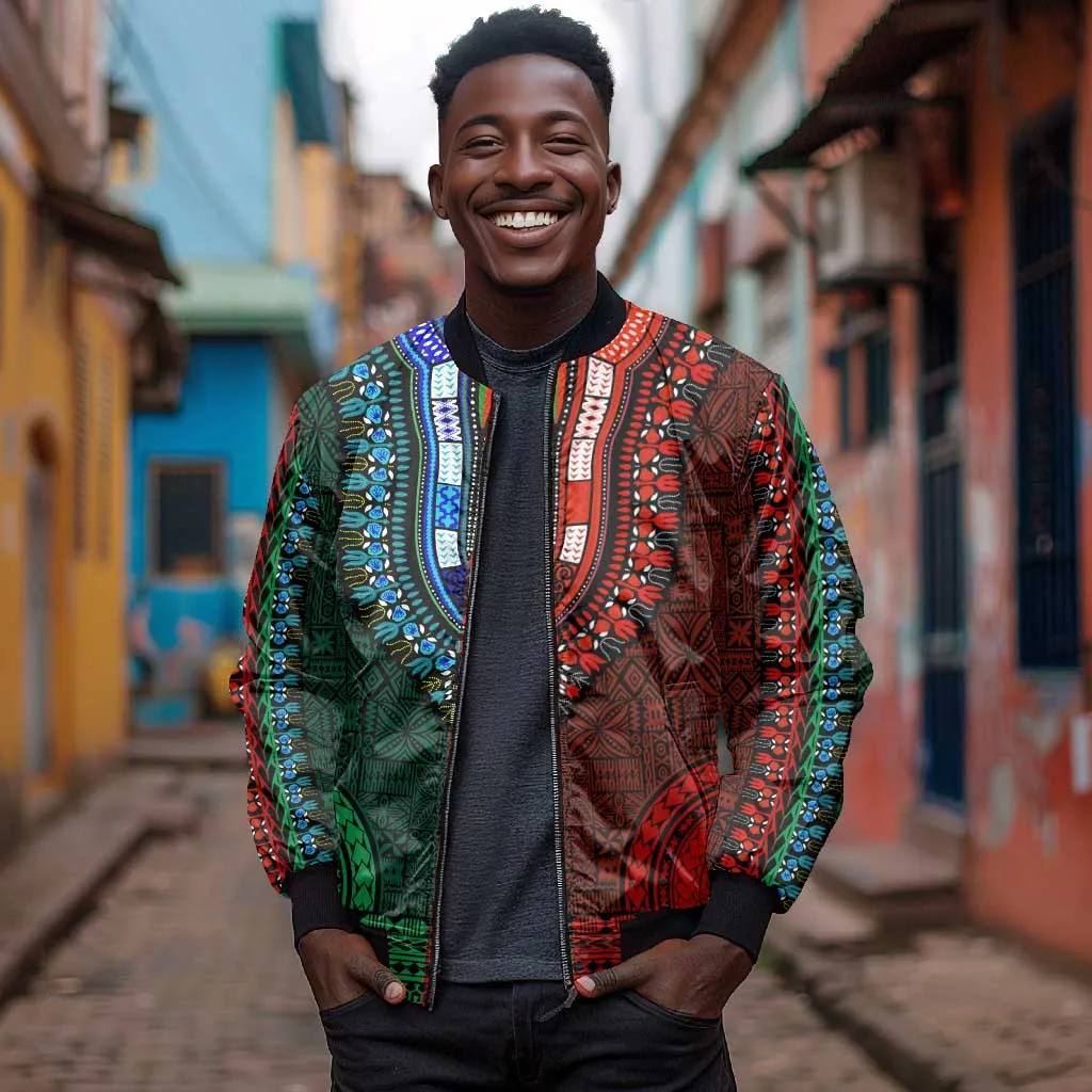Green-red Dashiki and Tapa Pattern Bomber Jacket Africa-Polynesia Together Culture LT9