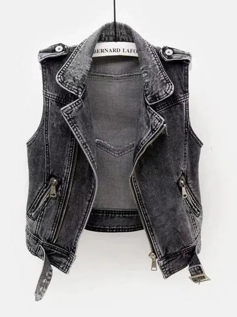 Grey denim waistcoat chic - women's denim waistcoat with cowboy style