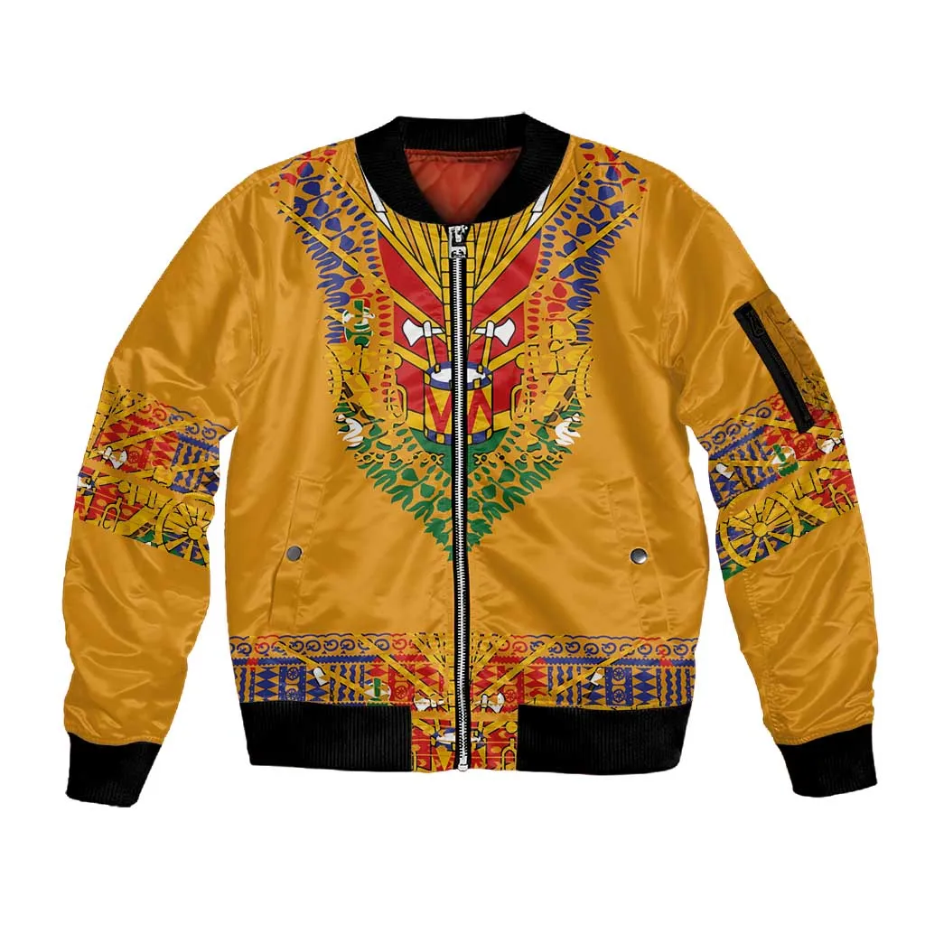 Haiti Flag Sleeve Zip Bomber Jacket Traditional Dashiki Yellow Color LT03