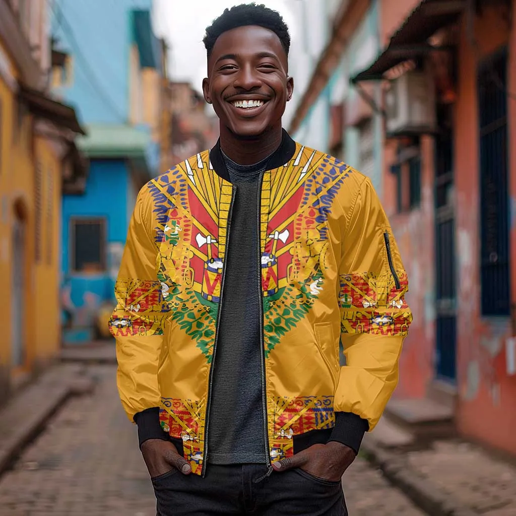 Haiti Flag Sleeve Zip Bomber Jacket Traditional Dashiki Yellow Color LT03