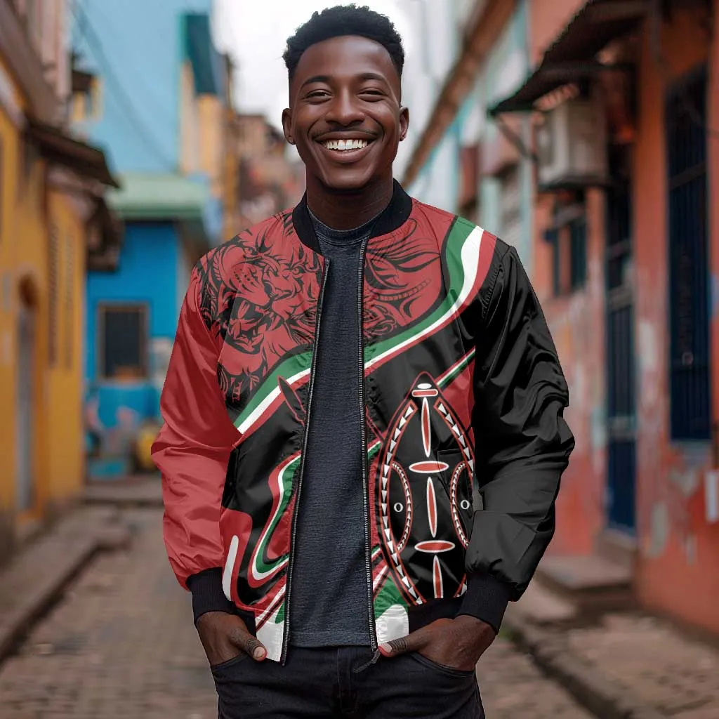 Happy Jamhuri Day Kenya Bomber Jacket Kenyan Lion and Maasai Shield LT9
