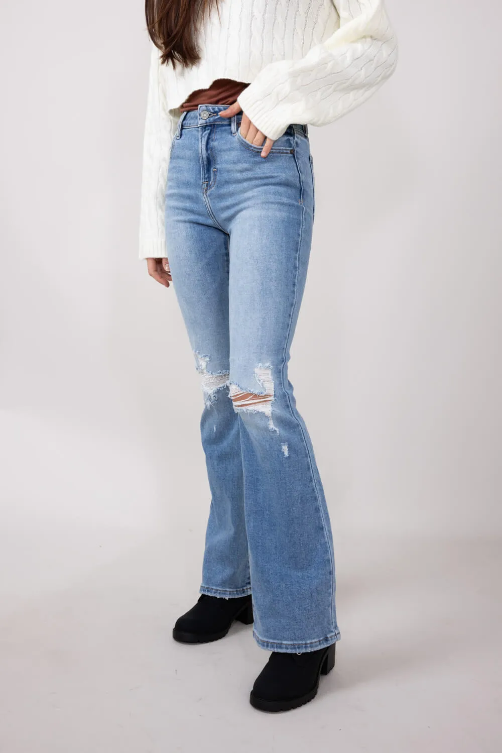 Hidden High Rise Flare Distressed Jeans for Women in Medium Wash | HD3173-ML