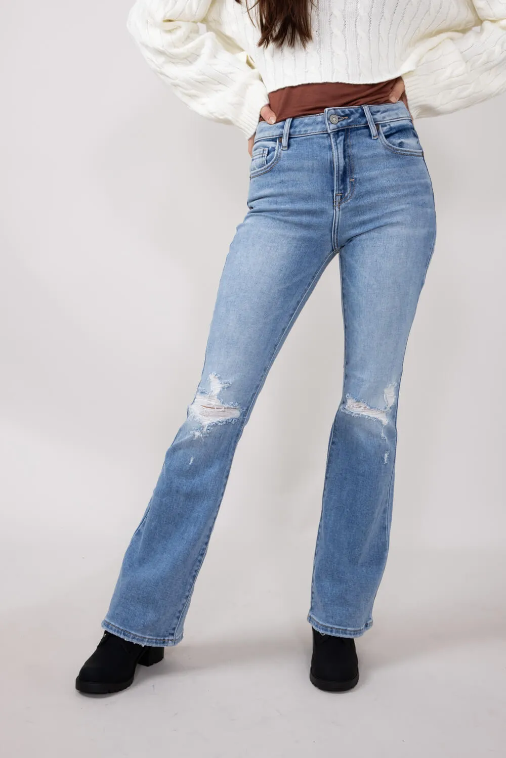 Hidden High Rise Flare Distressed Jeans for Women in Medium Wash | HD3173-ML