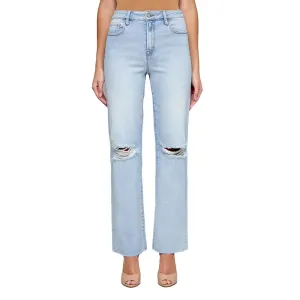 Hidden Stretch Light Wash Distressed Knee Wide Straight Leg Women's Jeans