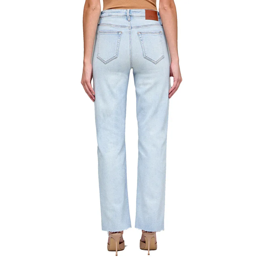 Hidden Stretch Light Wash Distressed Knee Wide Straight Leg Women's Jeans