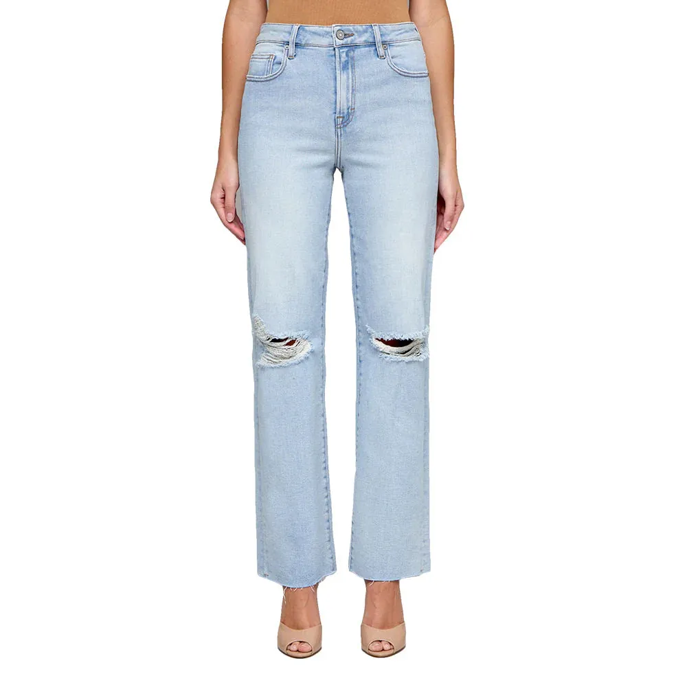 Hidden Stretch Light Wash Distressed Knee Wide Straight Leg Women's Jeans
