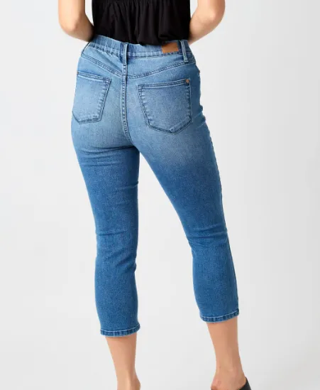 High Waist Cool Denim Pull On Capri