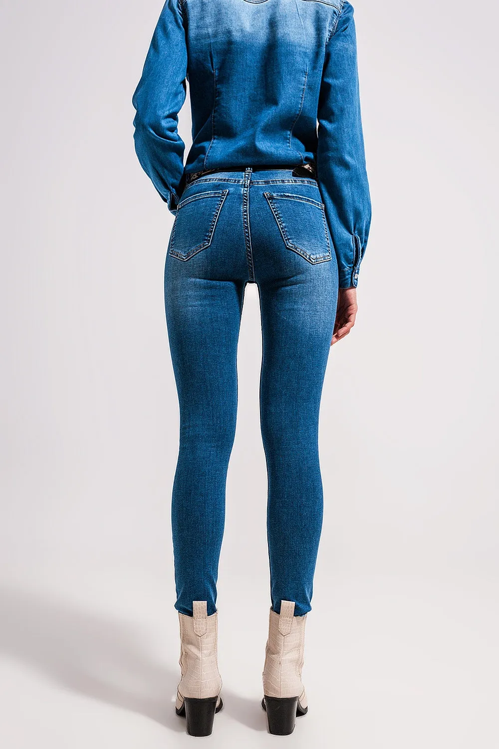 High waisted stretch skinny jeans in mid wash blue