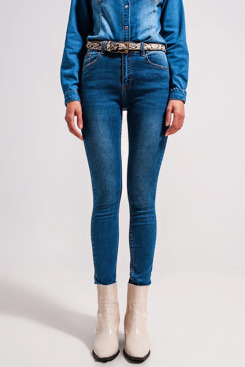 High waisted stretch skinny jeans in mid wash blue
