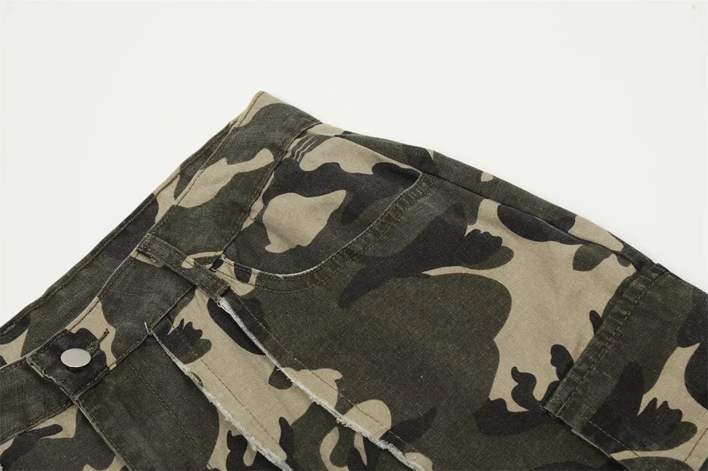 Hip-Hop Trendy Workwear Camouflage Pants Men's Loose Wide-Leg Trousers Stitching Design Sense Straight Camouflage Pants