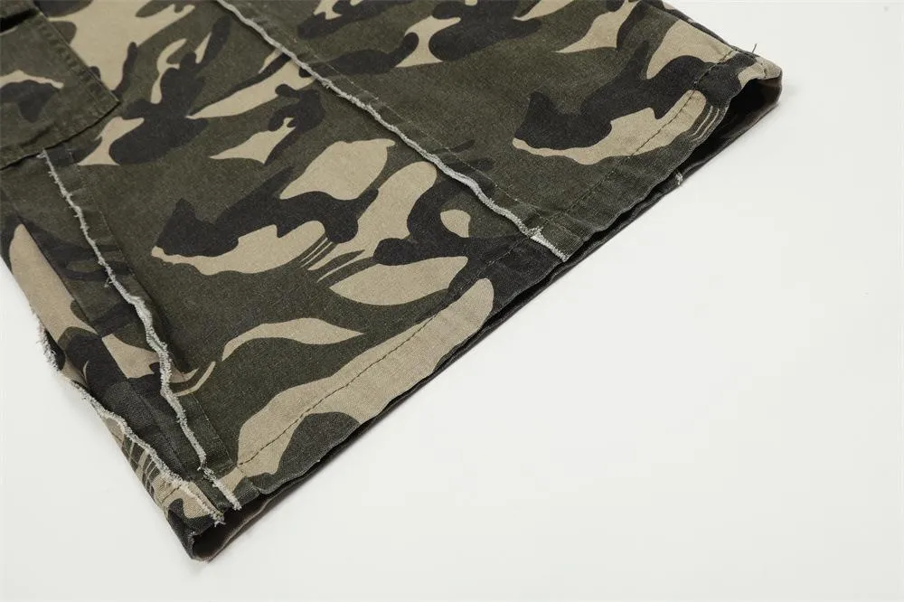 Hip-Hop Trendy Workwear Camouflage Pants Men's Loose Wide-Leg Trousers Stitching Design Sense Straight Camouflage Pants