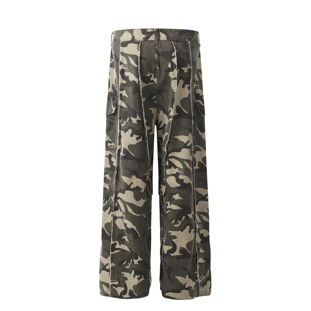 Hip-Hop Trendy Workwear Camouflage Pants Men's Loose Wide-Leg Trousers Stitching Design Sense Straight Camouflage Pants